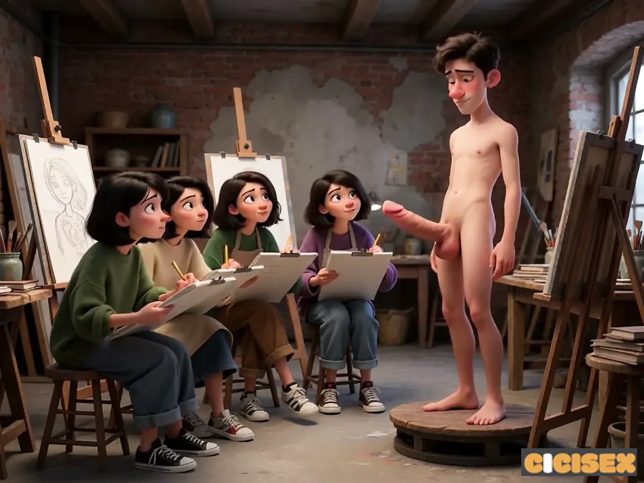 A painting class that ended in an unusual way - besides painting, they learn human anatomy (AI-generated)